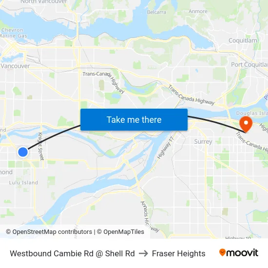 Westbound Cambie Rd @ Shell Rd to Fraser Heights map