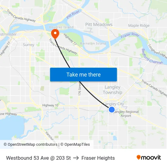 Westbound 53 Ave @ 203 St to Fraser Heights map
