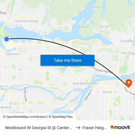 Westbound W Georgia St @ Cardero St to Fraser Heights map