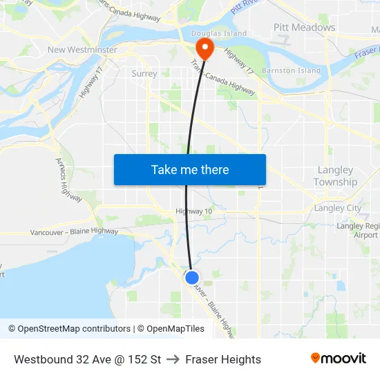 Westbound 32 Ave @ 152 St to Fraser Heights map