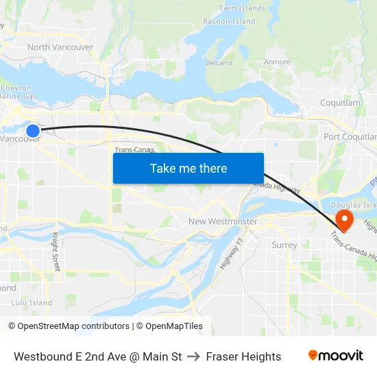 Westbound E 2nd Ave @ Main St to Fraser Heights map