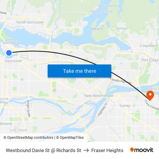 Westbound Davie St @ Richards St to Fraser Heights map