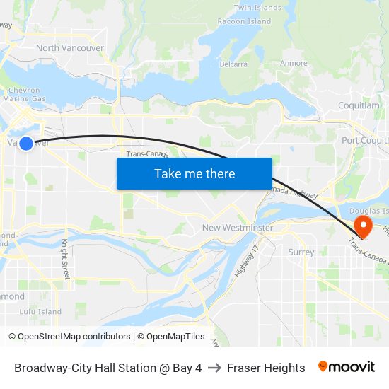 Broadway-City Hall Station @ Bay 4 to Fraser Heights map