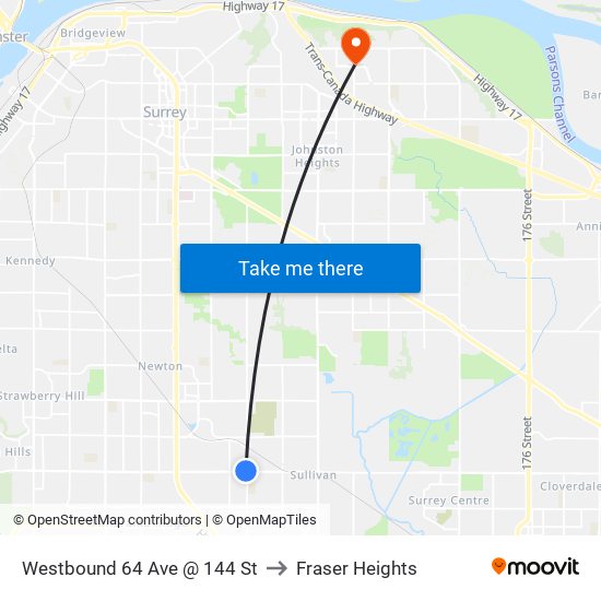 Westbound 64 Ave @ 144 St to Fraser Heights map