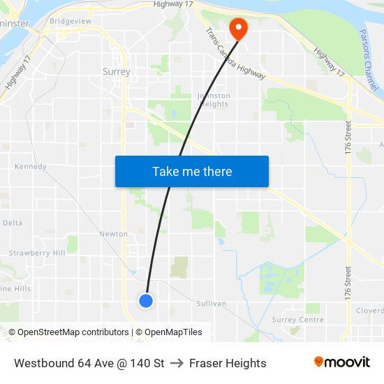 Westbound 64 Ave @ 140 St to Fraser Heights map