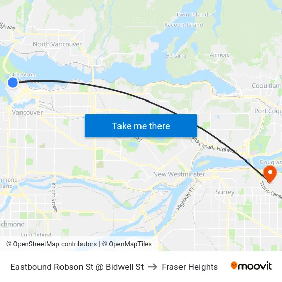 Eastbound Robson St @ Bidwell St to Fraser Heights map
