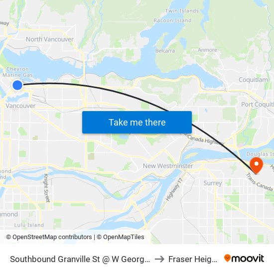 Southbound Granville St @ W Georgia St to Fraser Heights map