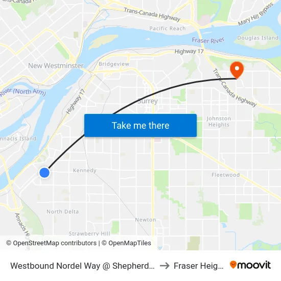 Westbound Nordel Way @ Shepherd Way to Fraser Heights map