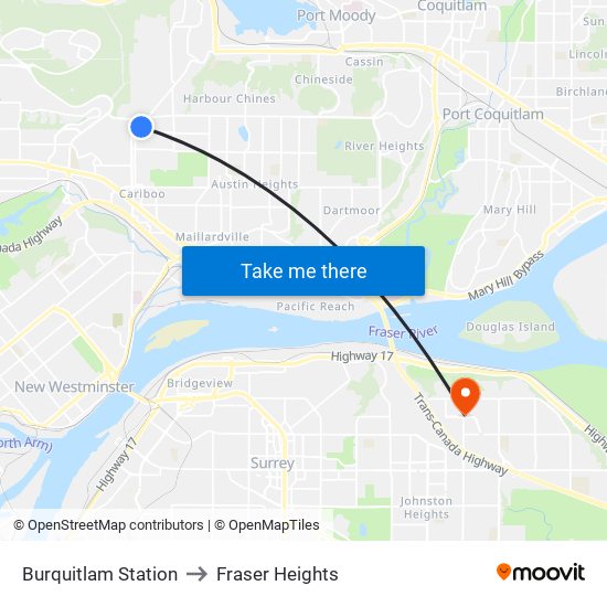 Burquitlam Station to Fraser Heights map