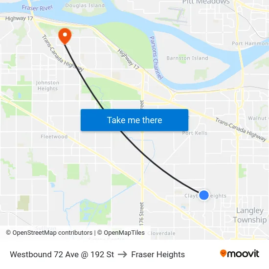 Westbound 72 Ave @ 192 St to Fraser Heights map
