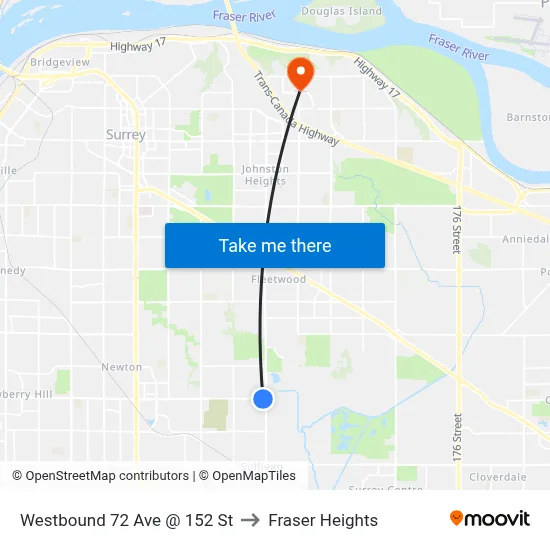 Westbound 72 Ave @ 152 St to Fraser Heights map
