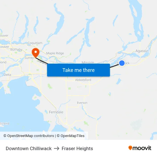 Downtown Chilliwack to Fraser Heights map