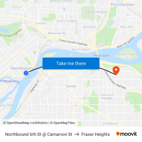 Northbound 6th St @ Carnarvon St to Fraser Heights map