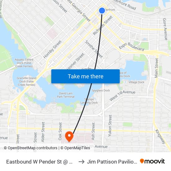 Eastbound W Pender St @ Granville St to Jim Pattison Pavilion South map