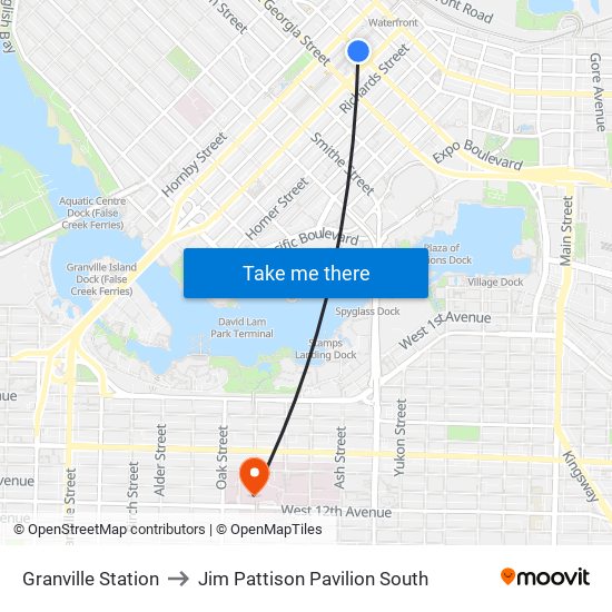 Granville Station to Jim Pattison Pavilion South map