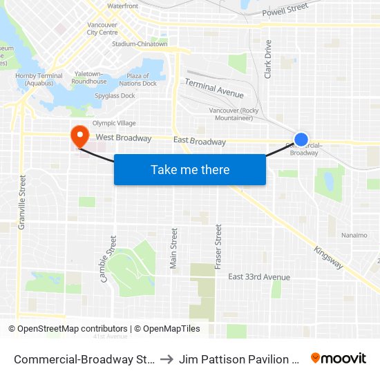Commercial-Broadway Station to Jim Pattison Pavilion South map