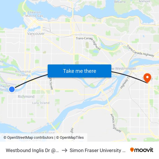Westbound Inglis Dr @ Bell Irving Rd to Simon Fraser University Surrey Campus map