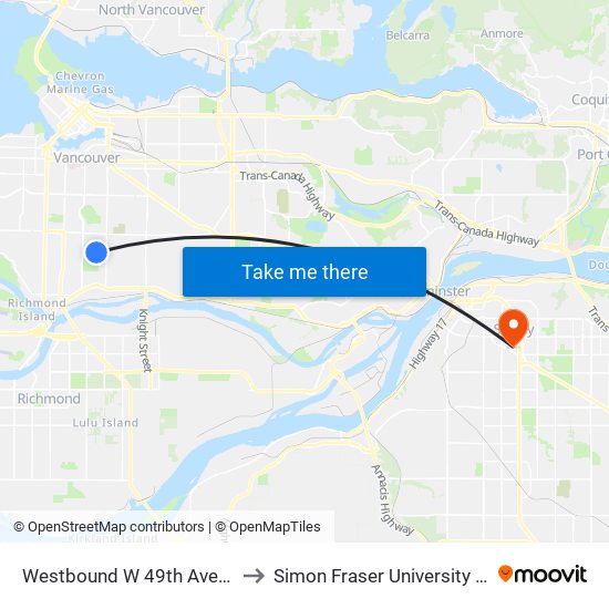 Westbound W 49th Ave @ Manitoba St to Simon Fraser University Surrey Campus map