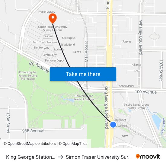 King George Station @ Bay 4 to Simon Fraser University Surrey Campus map