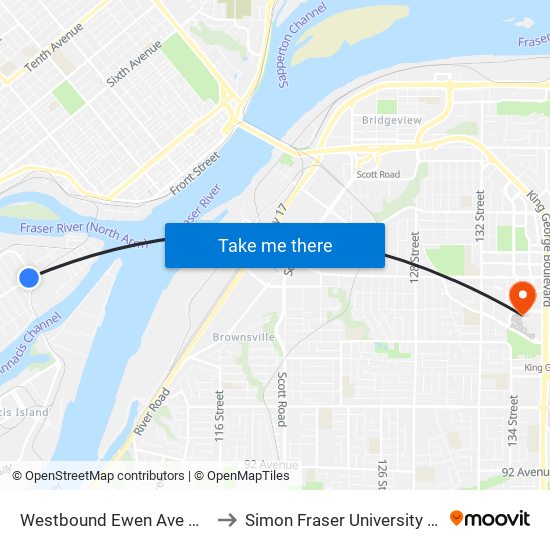 Westbound Ewen Ave @ Derwent Way to Simon Fraser University Surrey Campus map