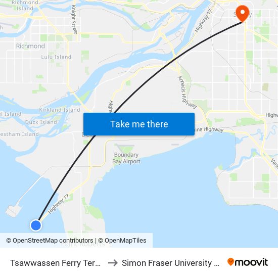 Tsawwassen Ferry Terminal @ Bay 2 to Simon Fraser University Surrey Campus map