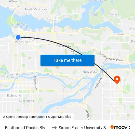 Eastbound Pacific Blvd @ Homer St to Simon Fraser University Surrey Campus map