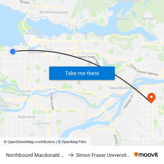 Northbound Macdonald St @ W Broadway to Simon Fraser University Surrey Campus map