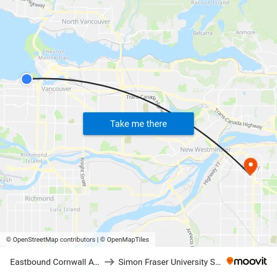 Eastbound Cornwall Ave @ Yew St to Simon Fraser University Surrey Campus map