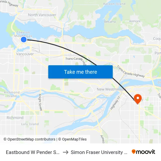 Eastbound W Pender St @ Burrard St to Simon Fraser University Surrey Campus map