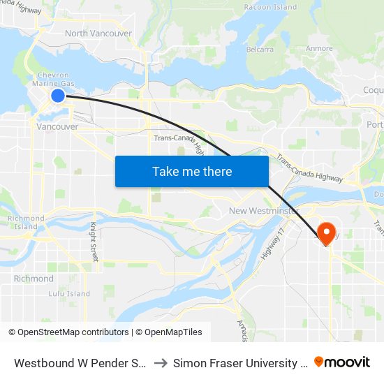 Westbound W Pender St @ Seymour St to Simon Fraser University Surrey Campus map