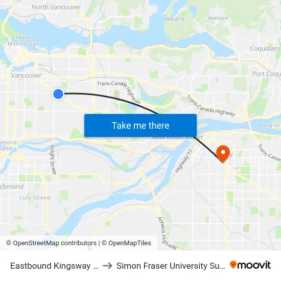 Eastbound Kingsway @ Perry St to Simon Fraser University Surrey Campus map