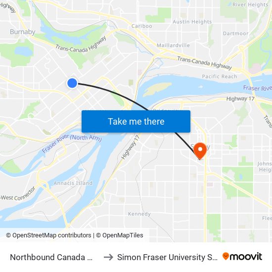 Northbound Canada Way @ 16 Ave to Simon Fraser University Surrey Campus map