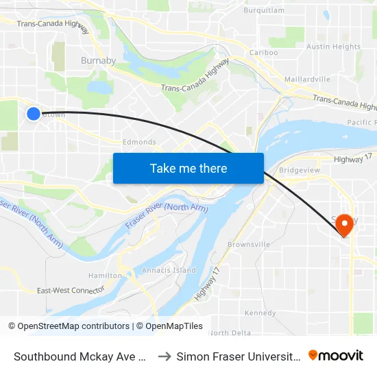 Southbound Mckay Ave @ Kingsborough St to Simon Fraser University Surrey Campus map