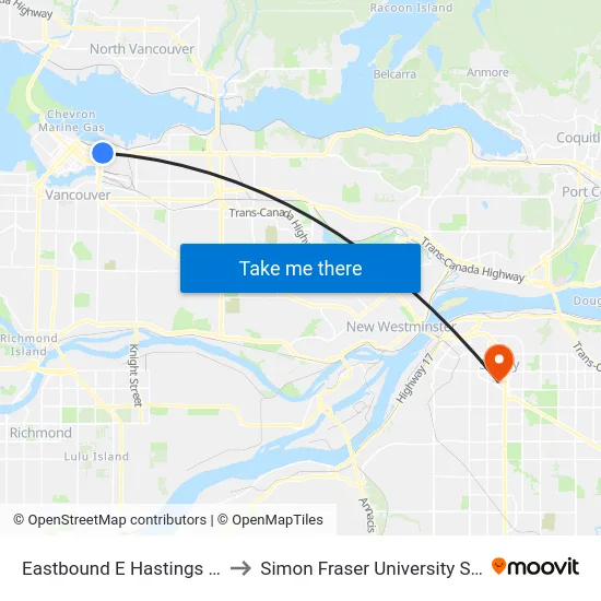 Eastbound E Hastings St @ Main St to Simon Fraser University Surrey Campus map
