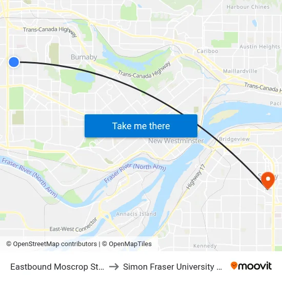 Eastbound Moscrop St @ Smith Ave to Simon Fraser University Surrey Campus map