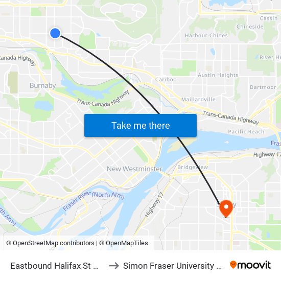 Eastbound Halifax St @ Sperling Ave to Simon Fraser University Surrey Campus map