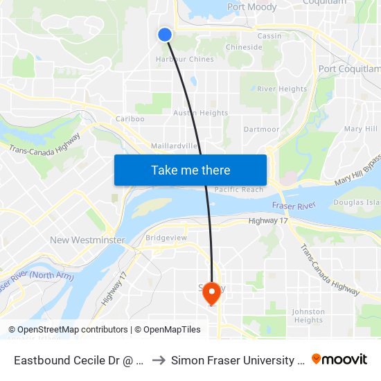 Eastbound Cecile Dr @ Highview Place to Simon Fraser University Surrey Campus map