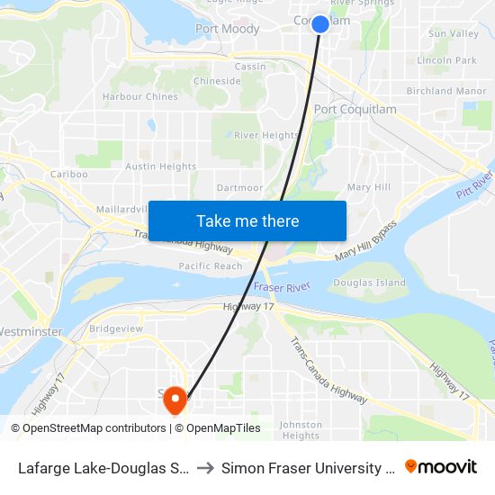Lafarge Lake-Douglas Station @ Bay 3 to Simon Fraser University Surrey Campus map