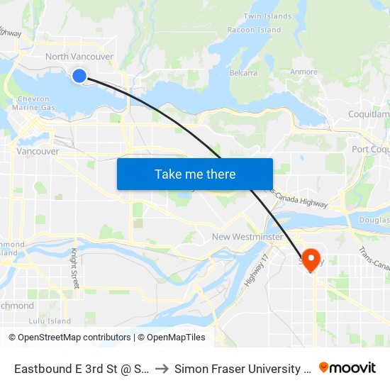 Eastbound E 3rd St @ St. Georges Ave to Simon Fraser University Surrey Campus map