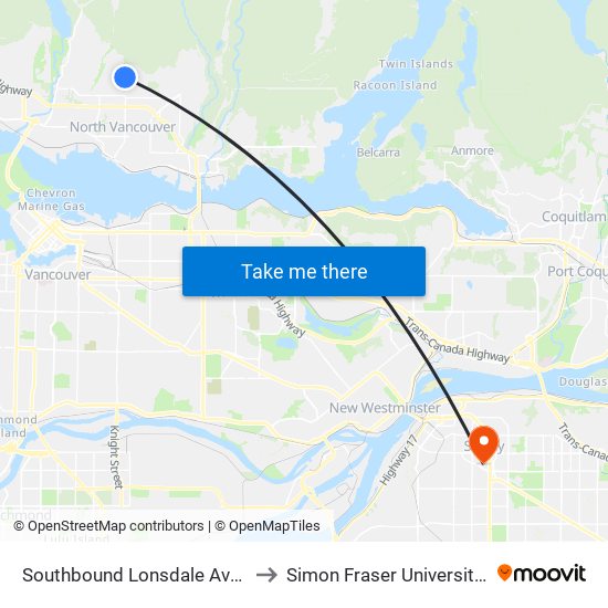 Southbound Lonsdale Ave @ W Balmoral Rd to Simon Fraser University Surrey Campus map