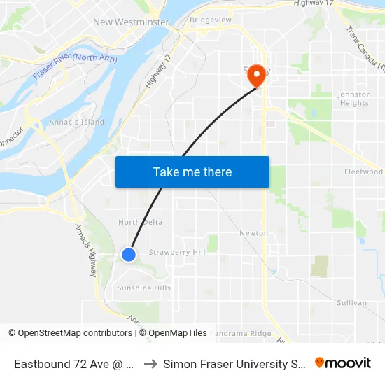 Eastbound 72 Ave @ 11200 Block to Simon Fraser University Surrey Campus map