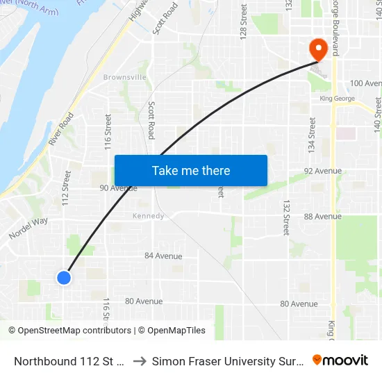 Northbound 112 St @ 82 Ave to Simon Fraser University Surrey Campus map