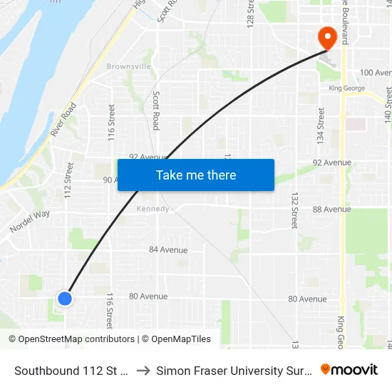 Southbound 112 St @ 80 Ave to Simon Fraser University Surrey Campus map