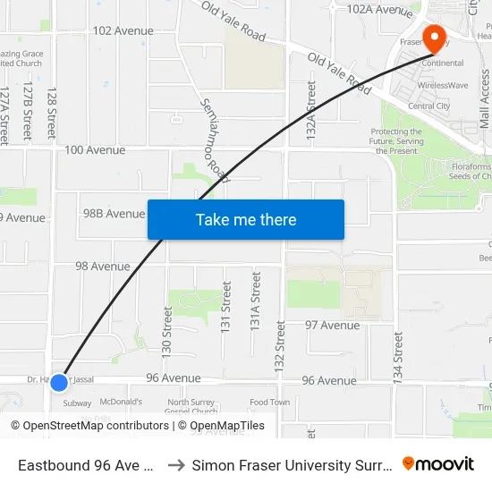 Eastbound 96 Ave @ 128 St to Simon Fraser University Surrey Campus map