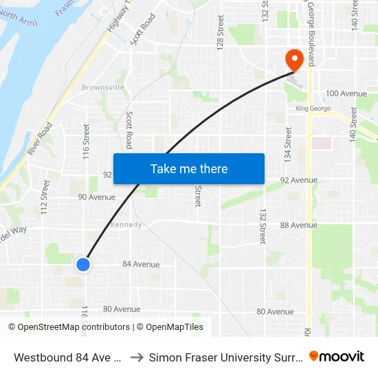 Westbound 84 Ave @ 116 St to Simon Fraser University Surrey Campus map