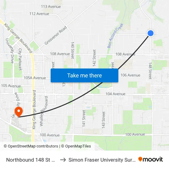 Northbound 148 St @ 110 Ave to Simon Fraser University Surrey Campus map