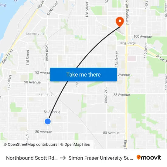 Northbound Scott Rd @ 82 Ave to Simon Fraser University Surrey Campus map