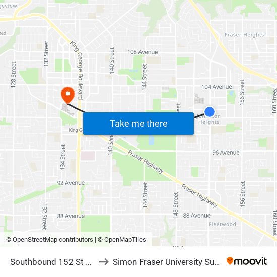 Southbound 152 St @ 101 Ave to Simon Fraser University Surrey Campus map