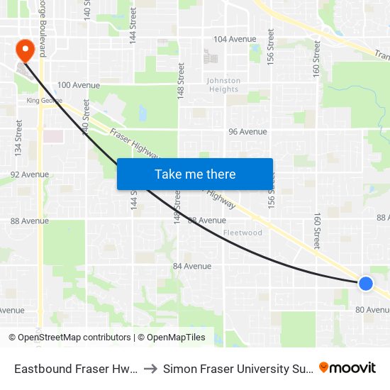 Eastbound Fraser Hwy @ 164 St to Simon Fraser University Surrey Campus map