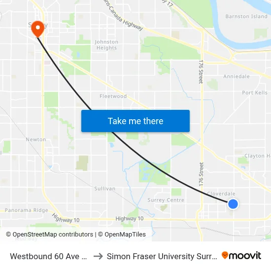 Westbound 60 Ave @ 184 St to Simon Fraser University Surrey Campus map